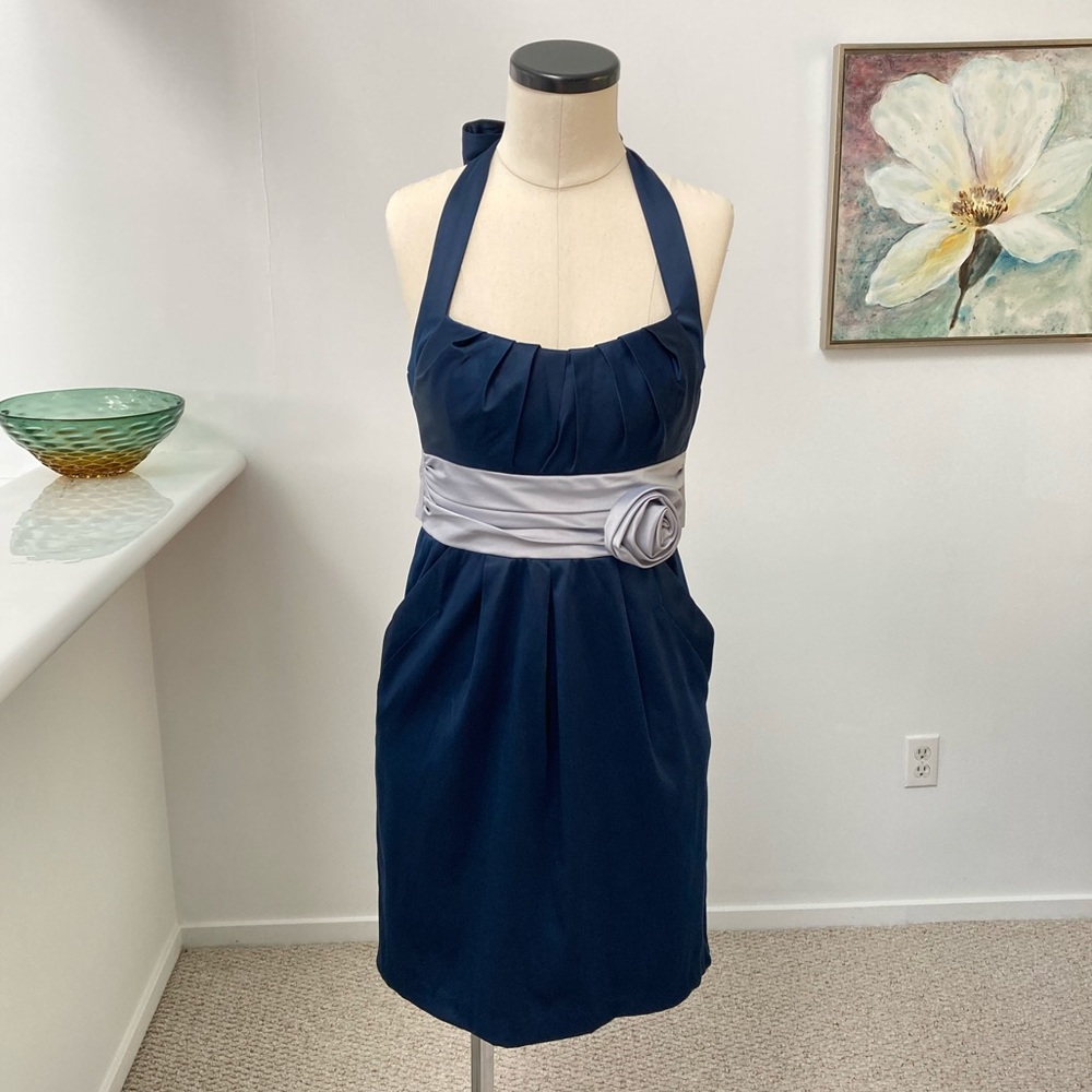 City Studio Navy Satin Bow Halter Mini Dress